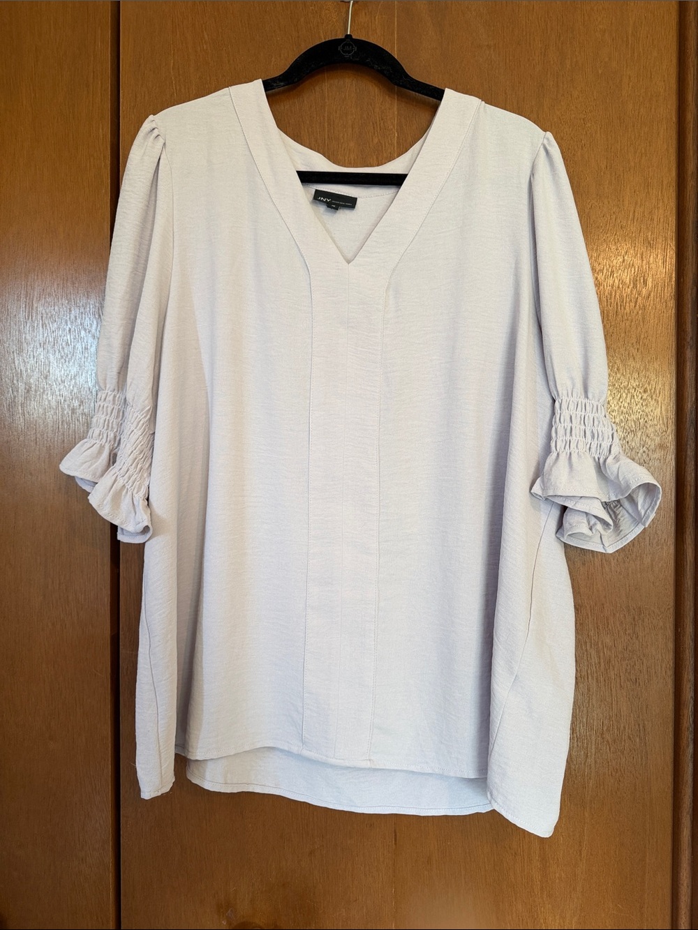 Jones New York Pale Lavender V-Neck Smocked Sleeve Blouse